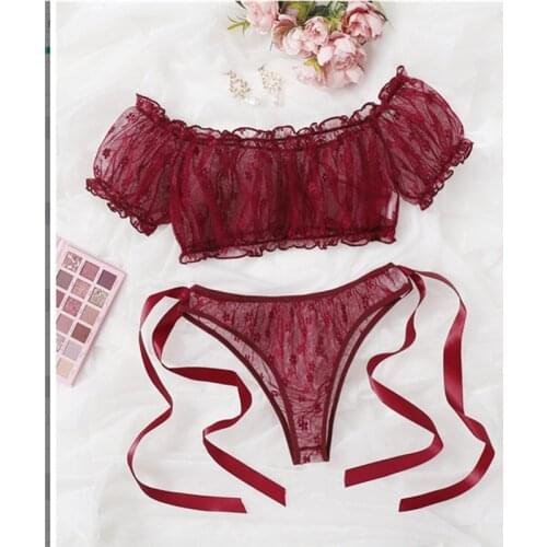 Women 2pcs Lingerie Set Solid Lace Short Sleeve Transparent Brassiere+Panty Intimates Female Mesh Sheer Lingerie Underwear Set