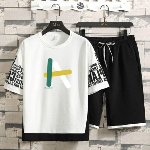 Handsome Cotton 2-piece T-shirt Short Sleeve Men Casual Suit Summer Beach Sports Mens Clothing Tracksuits