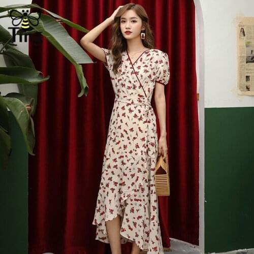 Tingfly Summer Rose Floral Print Slip Long Boho Dress Casual Bohemian Ruffles Asymmetrical Hem Dress Holiday Beach Style Vestido