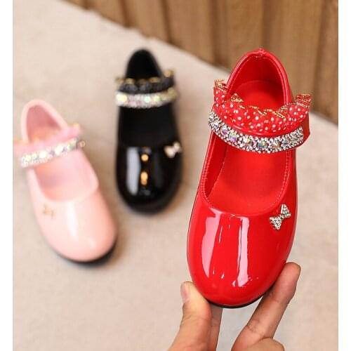 Fashion Kids Pu Leather Shoes Girls Princess Shoes New Spring Autumn Female Children Rhinestone Soft Bottom Bow-Knot Shoes E03