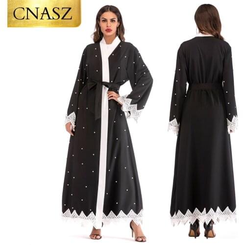 Muslim dress kaftan beading pearl with white lace islamic clothing abayas for women