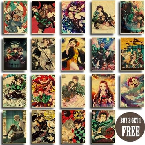 Japanese Anime Kimetsu no Yaiba Poster Demon Slayer Retro Posters Art Painting Home Room Decor Wall stickers