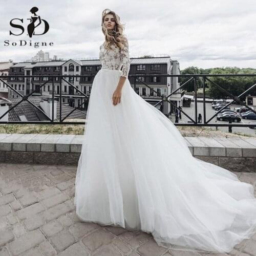 SoDigne Boho Long Sleeves Wedding Dress Lace Appliques O Neck Bridal Gowns Tulle Wedding Party Dress vestidos de novia