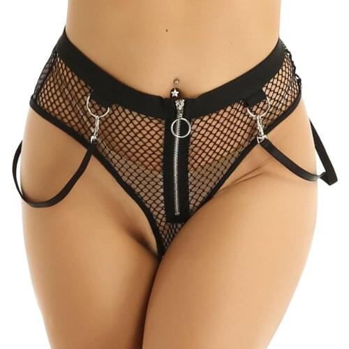 Sexy Erotic Women Fishnet Hollow Out Panties See Through Sexy Lingerie Zipper with Side Straps Booty Shorts Underwear Sleepwear