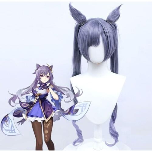Wig Synthetic Purple Hair Keqing Genshin impact Long Double Ponytail Extensions Cosplay Wig for woman Clip in Hair Extension