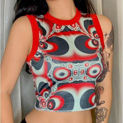Women Round Neck Tank Tops Summer Female Sleeveless Abstract Graphic Print Slim Fit Crop Tops Red