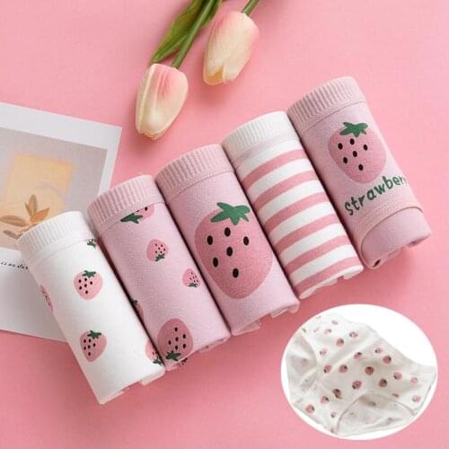 5Pcs/lot Sexy Womens Panties High Quality Cotton Inner Crotch For Female Underwear Cute Girl Bag Hip Lingerie Briefs Strawberry