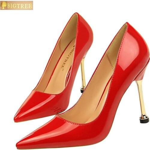 BIGTREE women pumps fashion simple occupation OL Pointed Toe 10CM thin heels fine leather heels shallow mouth tip womens shoes