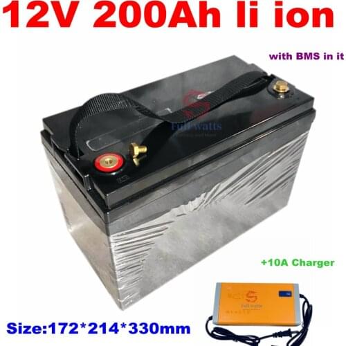 Waterproof 12v 200Ah lithium ion battery 200Ah li ion with BMS for RV UPS inverter solar stem power supply cart + 10A Charger