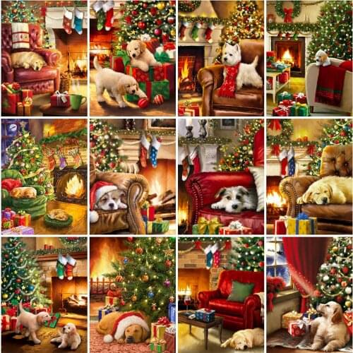 Wen Zuan 5D DIY Diamond Painting Christmas Dog Diamond Embroidery Animals Cross Stitch Kit Mosaic Christmas Home Decor Gift 338