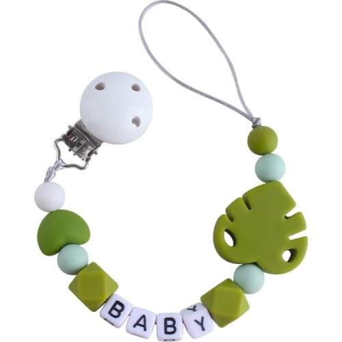 XCQGH Personalized Name Pacifier Clips Nipple Holder Chain Leaf Silicone Teether Beads Teething Toy Hang Strap Lollipop Attachme