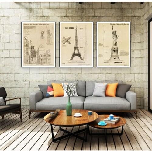 Building Drawings Wall Art Eiffel Tower Statue Of Liberty Art Canvas Prints Ancient Blueprint Room Wall Decor Painting Framed No