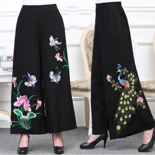 Women Floral Embroidered Long Pants Spring Summer Cotton Linen Folk-custom Mid-aged Old Women Wide-leg Pant Skirt Trousers W1985
