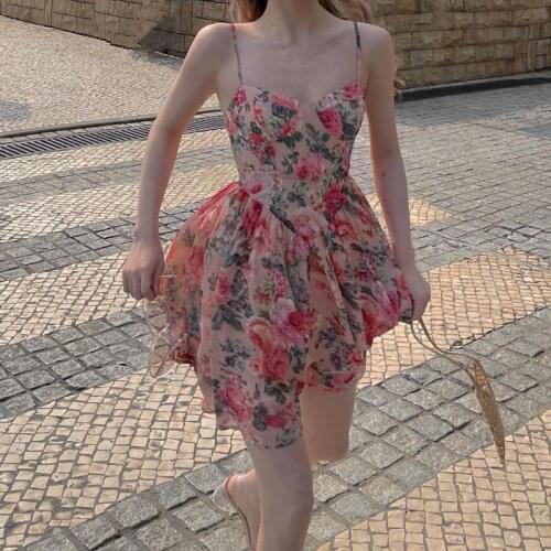 2021 summer new romantic print flower dress womens large size foreign Style Sexy design high waist slim suspender skirt