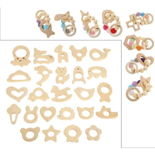 1Pc Natural Wooden Baby Pacifier Rattle Teething Sensory Grasping Toy Safe Child Wood Teether Unfinished Animal Shape DIY Crafts