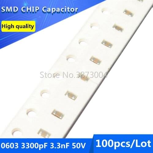 100pcs 0603 3300pF 3.3nF 50V COG/NPO 5% SMD Chip Capacitor