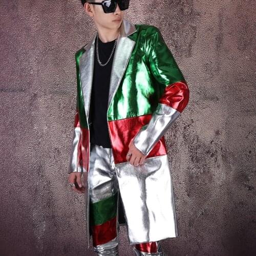 2020 Men Nightclub GOGO Dance Costume Long Suit Silver Leather Suit Patchwork Coat DJ MC DS Performance Dance Outfit HipHop 1878