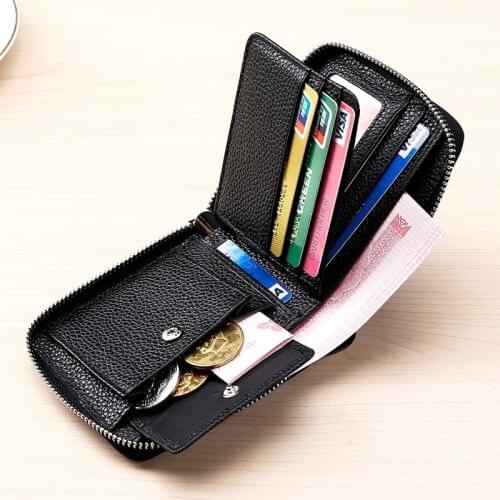 DIDE Business Black Zipper Short Wallet Genuine Leather Wallets For Men Purse Coin Purse Credit Card Holder RFID Wallet Male