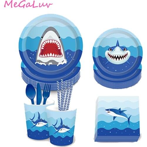 Blue Pink Shark Party Cupcake Toppers Banner Tableware Set Kids Boys Birthday Party Decorations Baby Shower Sea Party Supplies
