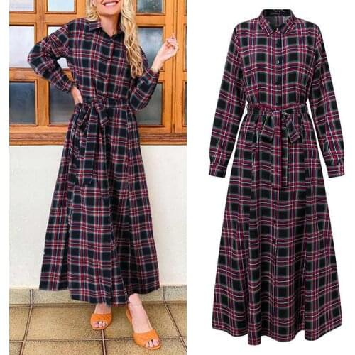 Fashion Long Sleeve Plaid Dress 2021 Celmia Womens Autumn Lapel Casual Vintage Checked Maxi Vestidos Robe Loose Party Dresses 7