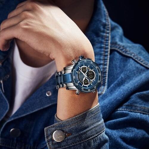 Fashion Creative BackLight Week Display Clock 2021 NAVIFORCE Sliver Blue Full-Steel Dual Time Waterproof Casual Mens Watches