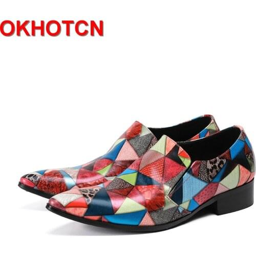 2019 Men Wedding Shoes Pointed Toe Dress Shoes Leather Mixed Colors Men Triangle Pattern Zapatos Hombre New Design Party Shoe