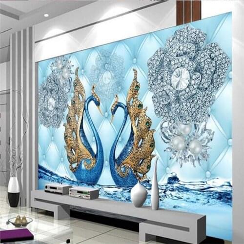 Beibehang Wallpaper Mural Wall Sticker Luxury 3d Swan Diamond Flower Waterprint Jewelry TV Wall Background papel de parede