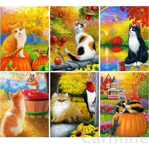 Autumn Animal Mosaic Art DIY 5D Diamond Painting Scenery Cat Cross Stitch Kit Embroidery Full Round&Square Drill Home Decoration