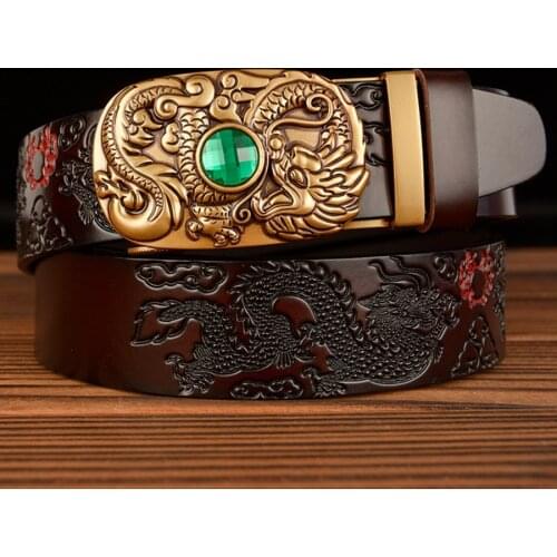 New Male Grain Leather Brand Dragon Designer Automatic Buckle Mens Belt Genuine Leather Belt Silver Golden Belts for Men