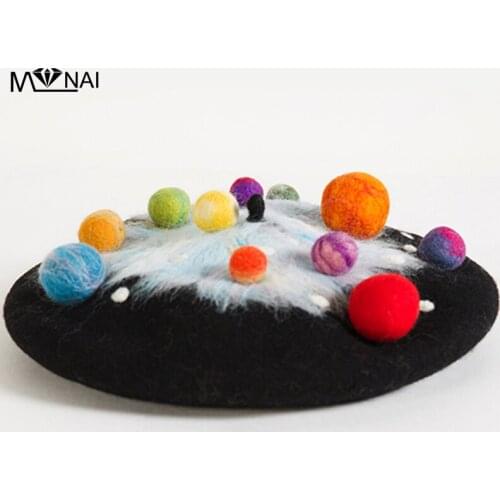 Hats Christmas Creative Gift Winter Woolen Felt Beret Hat Cosplay Novelty Planet Sky Pattern Artist Hats Fashion Party