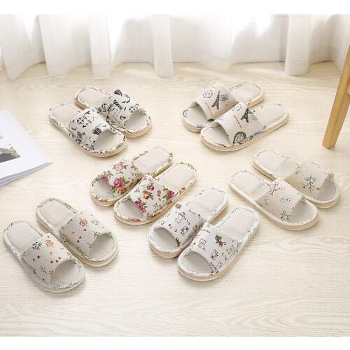 Simple Linen Indoor Home Slippers Casual Floral Flower Household Soft Slippers Spring Autumn Flip Flops Female Linen Slippers