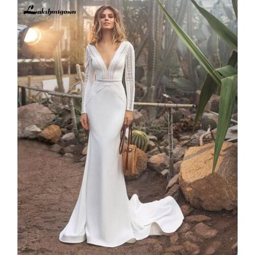 Modern Bride Long Sleeves Lace Crepe Flexible Mermaid Wedding Dress lakshmigown Bridal Gowns Wedding Dresses Plus Size
