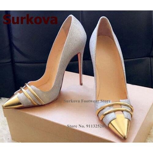 Surkova Silver Bling Bling Sequined High Heel Bridal Shoes Gold Pointed Toe Patchwork Dress Pumps Hot Out 12cm Slip-on Footwear