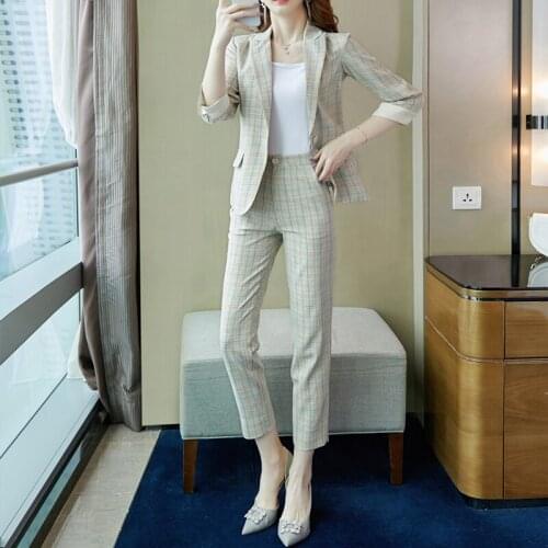 Fashion Plaid Women Half Sleeve Thin Blazer Suits Blazer Pencil Pants Set Office Ladies Two-piece Blazer Sets 2021 Spring Autumn