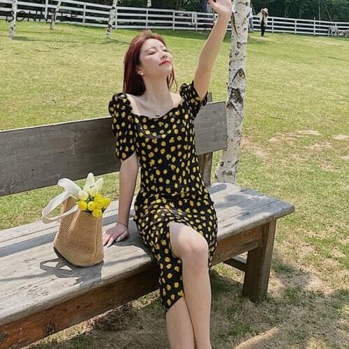 Dress Women New Arrival Vintage Temperament Floral Mid Calf Vestidos Square Collar Sweet French Puff Sleeve Sexy Side Silt Chic