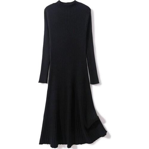 Women Dress Spring Autumn Winter Half Turtleneck Long Sleeve Black Knitted Dress A-line High Waist Simple Casual Midi Dress