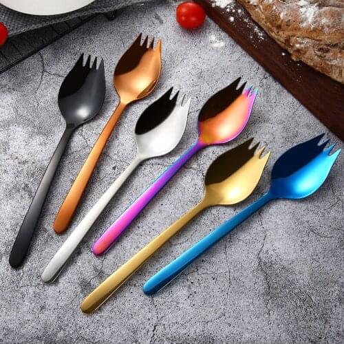 1Pcs Multi-function Spork 304 Stainless Steel Salad Spoon Fork Long Handle Picnic Fruit Forks Used For Noodles Dinnerware