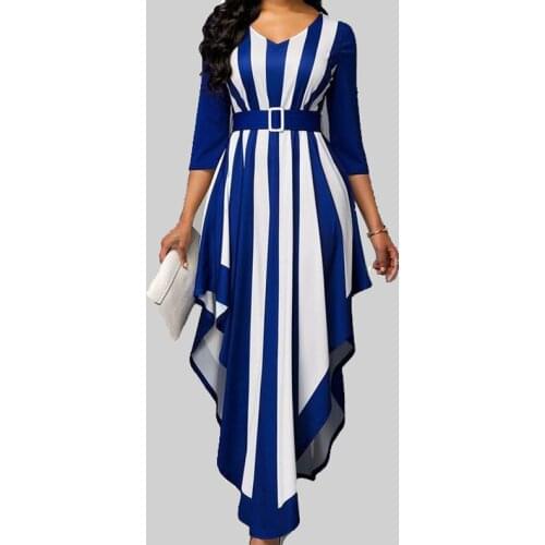 2021 Long Summer Womens Dresses Large Plus Size Fashion Elegant Irregular Split Stripe 3/4 Sleeve African Ramadan Maxi Dress