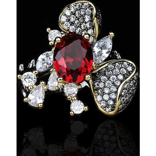 2021 Retro Ethnic Style Black Gold Two-color Flower Inlaid Ruby Ladies Exaggerated Party Ring 925 Silver Womens Jewelry Ring