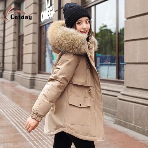 Cotday Cotton With Hooded Fur Khaki Pockets Cotton Liner 2020 Best England Style Down Winter Warm Women Jacket Parka Coat