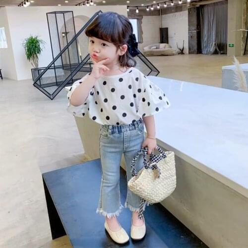 Girls denim flared pants suit 2020 summer Korean childrens foreign baby summer fashionable short-sleeved two-piece suit