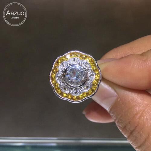 Aazuo Original Real 14K White Gold Natural White Aquamarin Orange Gem Real Diamond Crassic Flower Ring Gifted for Women