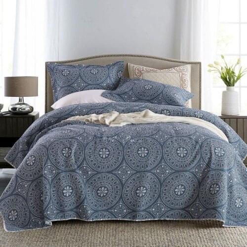 CHAUSUB Bedspread on the Bed Cotton Quilt Set 3PCS Blue Print Quilted Bed Covers Queen Size Coverlet Summer Blanket for Double