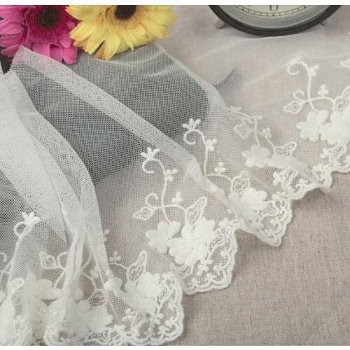 Free Shipping 2 Meters/lot High Quality White Cotton Lace Trims Embroidered Flower Pretty Lace Fabric For Skirts 15cm Width