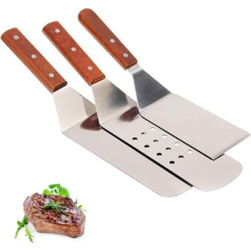 3pcs/set Kitchen Baking Spatula Wooden Handle Grill Turner Stainless Steel Pancake Teppanyaki Griddle Scraper Cooking Utensil