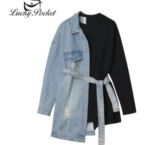 New Women Spring Autumn Black Denim Asymmetrical Sashes Sweatshirt Ladies Solid Color Pullovers Female Brand Casual Tops ZM752