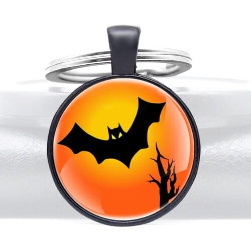 New Arrivals Black Bat Glass Dome key Chains Halloween Men Women Key Ring Jewelry Gifts