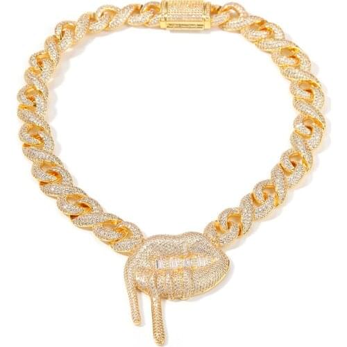 Iced Out Lip Necklace With 14mm Miami Chains Micro Pave Cubic Zirconia Necklace Fashion Luxury Hip Hop Jewelry