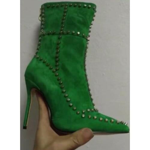 Hottest Flock Sexy Women Boots Thin High Heel And Pointed Toe Winter Fashion Rivet Rear Zipper Women Shoes High Heel Ankle Boots