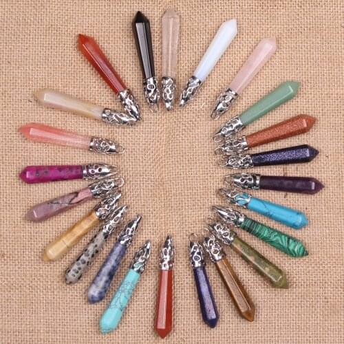Seven Chakra 24PCS Assorted Natural Stone Necklace Pendant 60*10mm Quartz Crystal Pendant Pillar Charms Jewelrey Pendulum